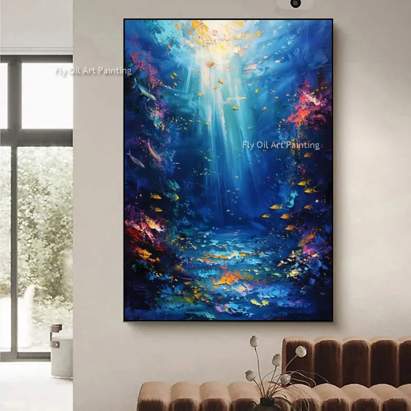 

Blue Underwater World Sunshine Abstract Oil Painting Handpainted Deep Sea View Yellow Fishes Thick Canvas Wall Art For Hme Decor