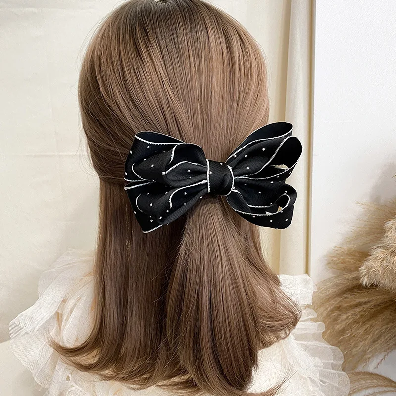 Handmade Bow Hairpin for Girl Houndstooth Plaid Hairpin Rhinestone Temperament Ponytail Clip Spring Clip Back Head Top Clip