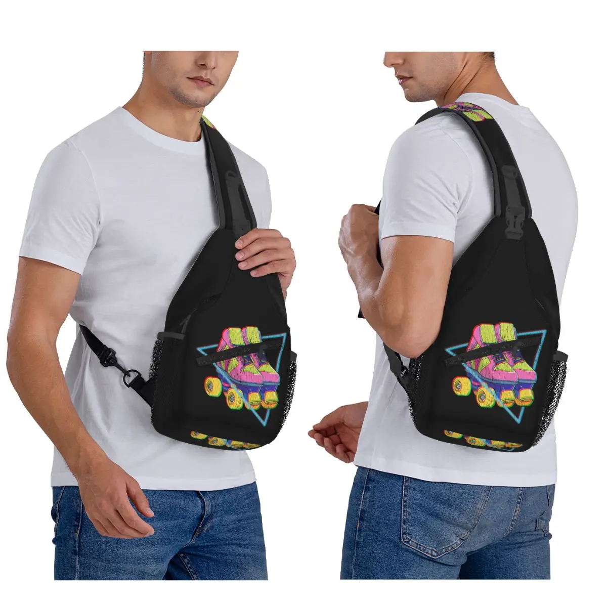 Retro Roller Skates Colorful Chest Bag Men Sling Crossbody Backpack Chest Bag Traveling Hiking Daypack Shoulder Bag