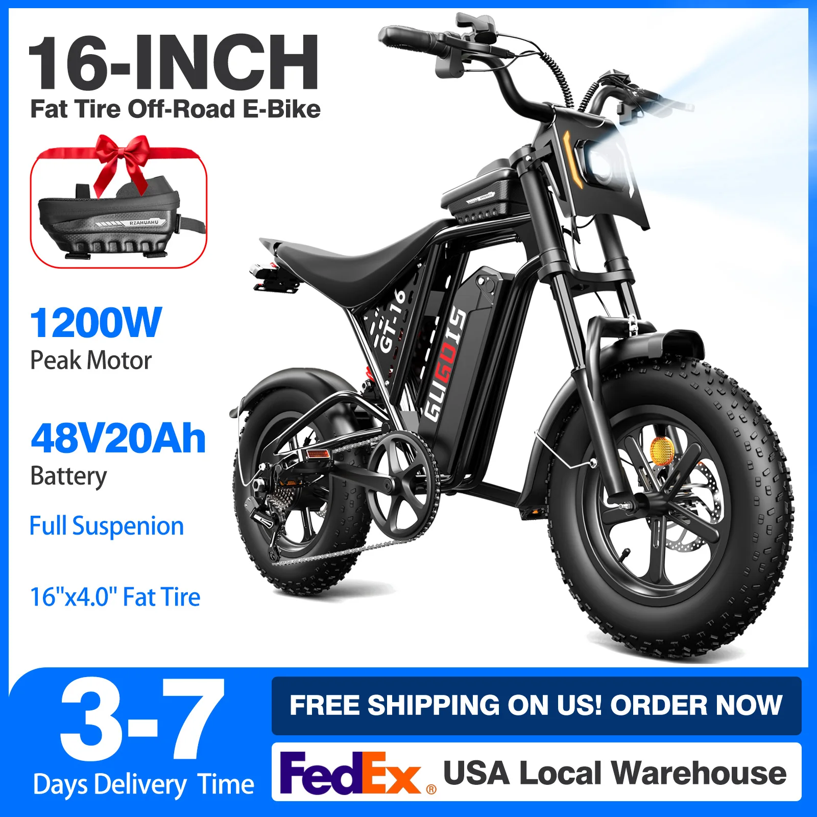 

GUGOIS GT16 1200W Electric Bike Motorcycle Adults Teens 30MPH SGS UL2849 48V 20AH Battery 16x4.0" Fat Tire Off Road Dirt Ebike