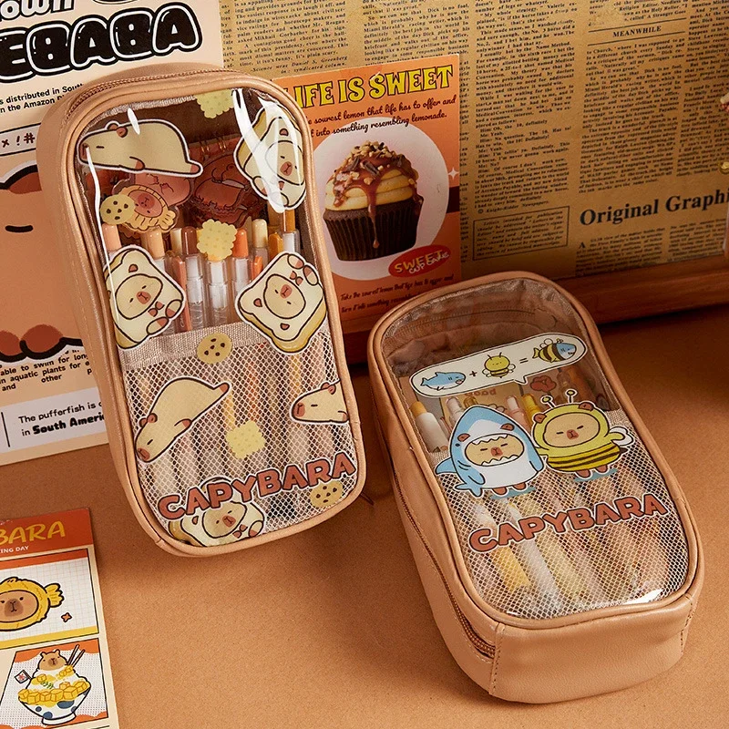 Stylish Transparent Capybara Pencil Case; Large, Waterproof and Durable Stationery Bag