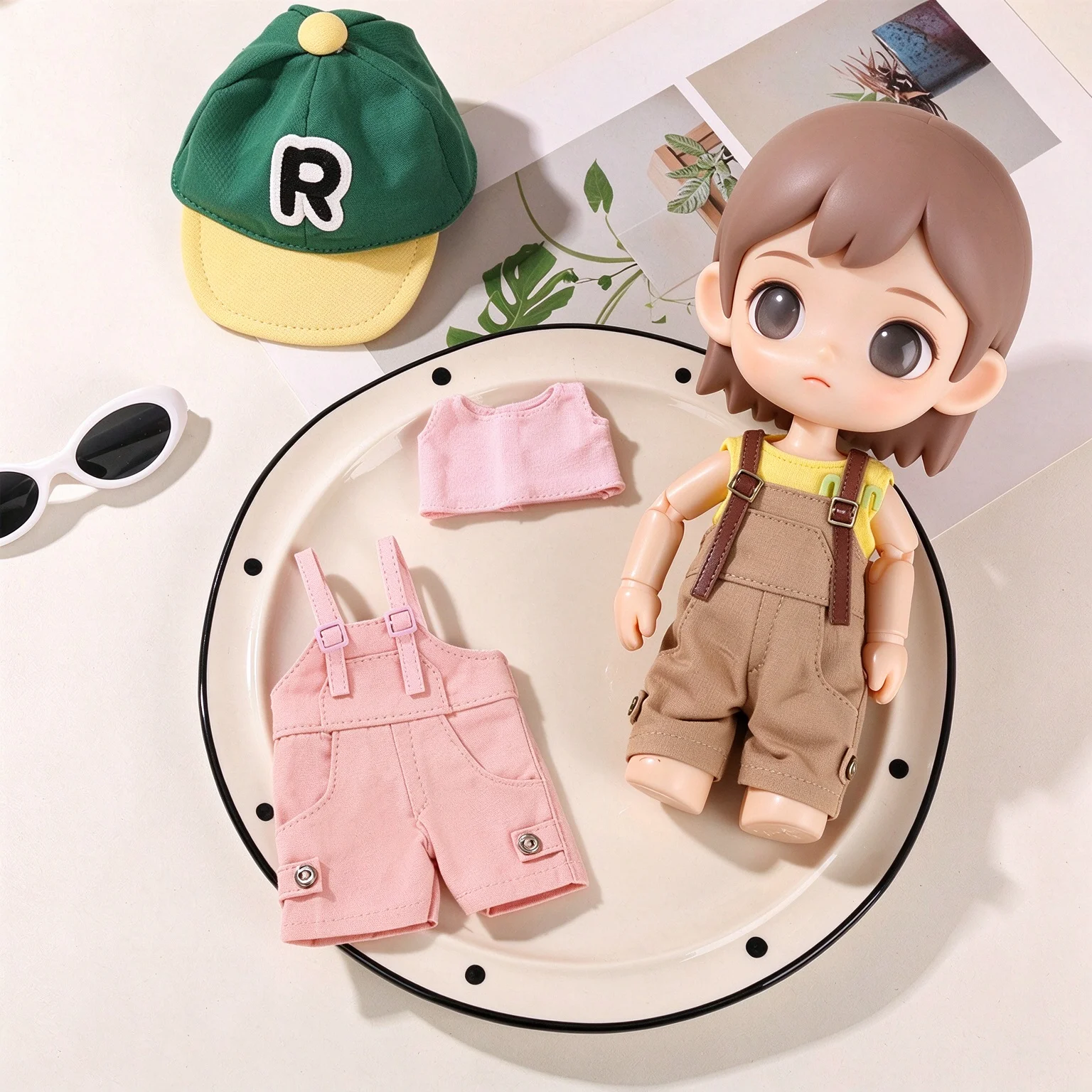 Mini Doll Outfit Set Casual Doll Clothes Green Baseball Cap Sleeveless Top And Overalls Shorts Handmade Dress Up Accessories