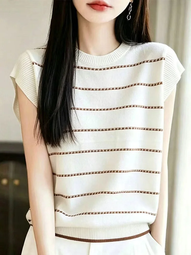 

Ladies' Knitted Ice Silk T-Shirt Striped Short Sleeve Casual Style Loose Fit round Neck Breathable Summer Fashion Top
