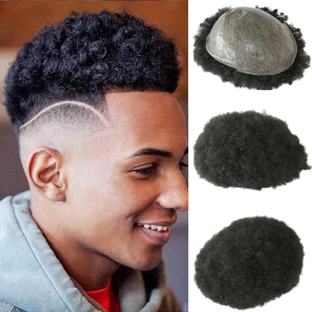 Perucas de prótese capilar masculinas, afro encaracolado, cabelo humano preto natural, base PU completa, substituição de toupee, super durável, 6mm