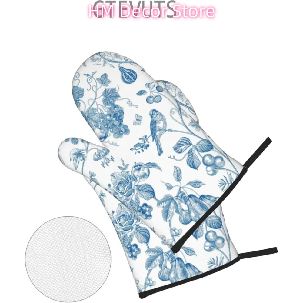 Blue White Flowers Birds Oven Mitts and Pot Holders Sets of 4, Country Farmhouse Oven Mitts Non-Slip Heat Resistant Cooking Glov