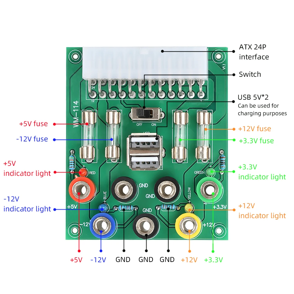 20/24-контактный разъем питания ATX для настольного компьютера, модуль адаптера питания 3,3 В, 5 В, 12 В, 4-цветный светодиодный индикатор дисплея, 4,0 мм, штекер типа «банан» 2 USB