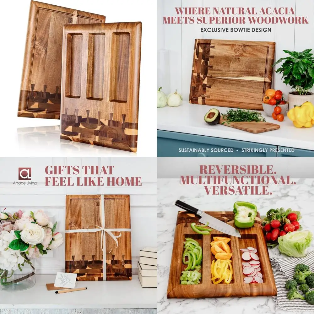 

Eco-Friendly Acacia Chopping Board - Large Kitchen Butcher Block with Juice Groove, 3-Section Serving Tray, 17x13x1.5