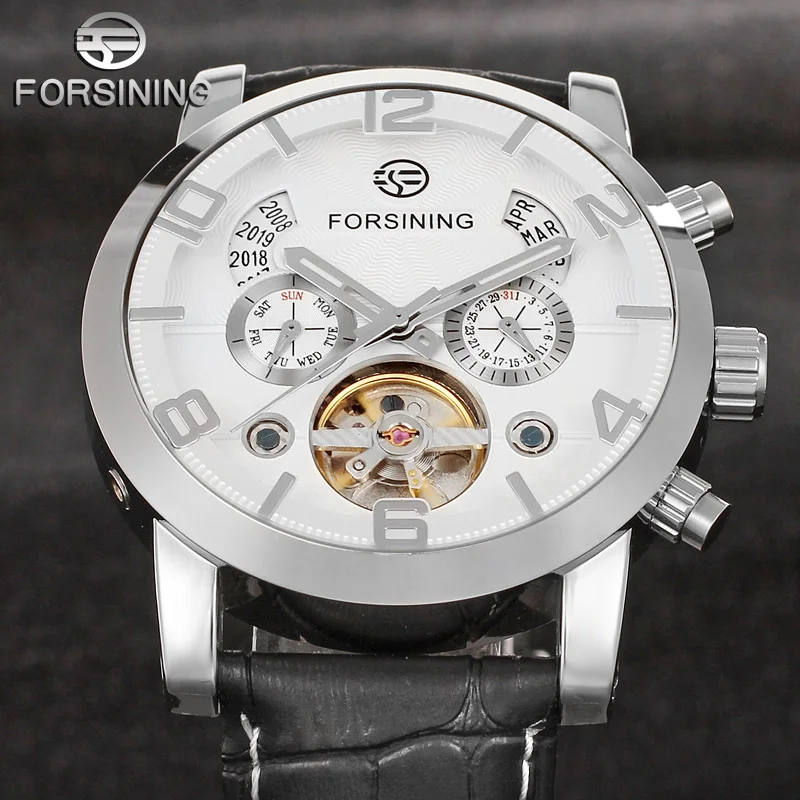 Forsining Fashion Mechanical Male Wristwatches Tourbillon Waterproof Leather Strap Regulator Watches With Perpetual Calendar