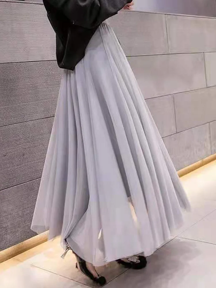 Mesh New Summer A-line Long Skirt Women High Waist Elegant Ladies Pleated Streetwear Elastic