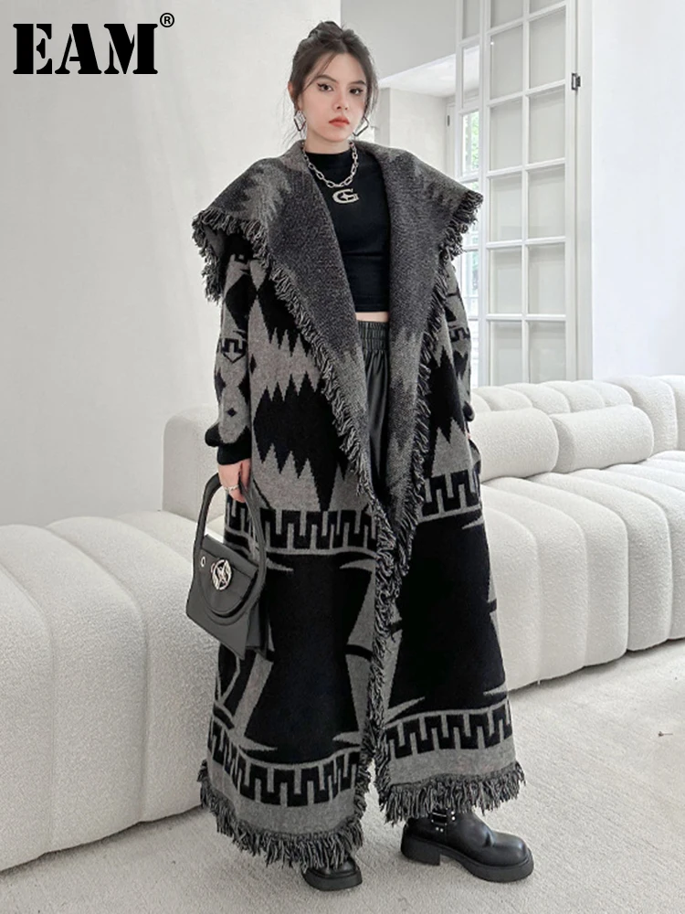 

[EAM] Black Big Size Knitting Long Thtick Cardigan Sweater Loose Lapel Long Sleeve Women New Fashion Spring Autumn 2024 1DH2277