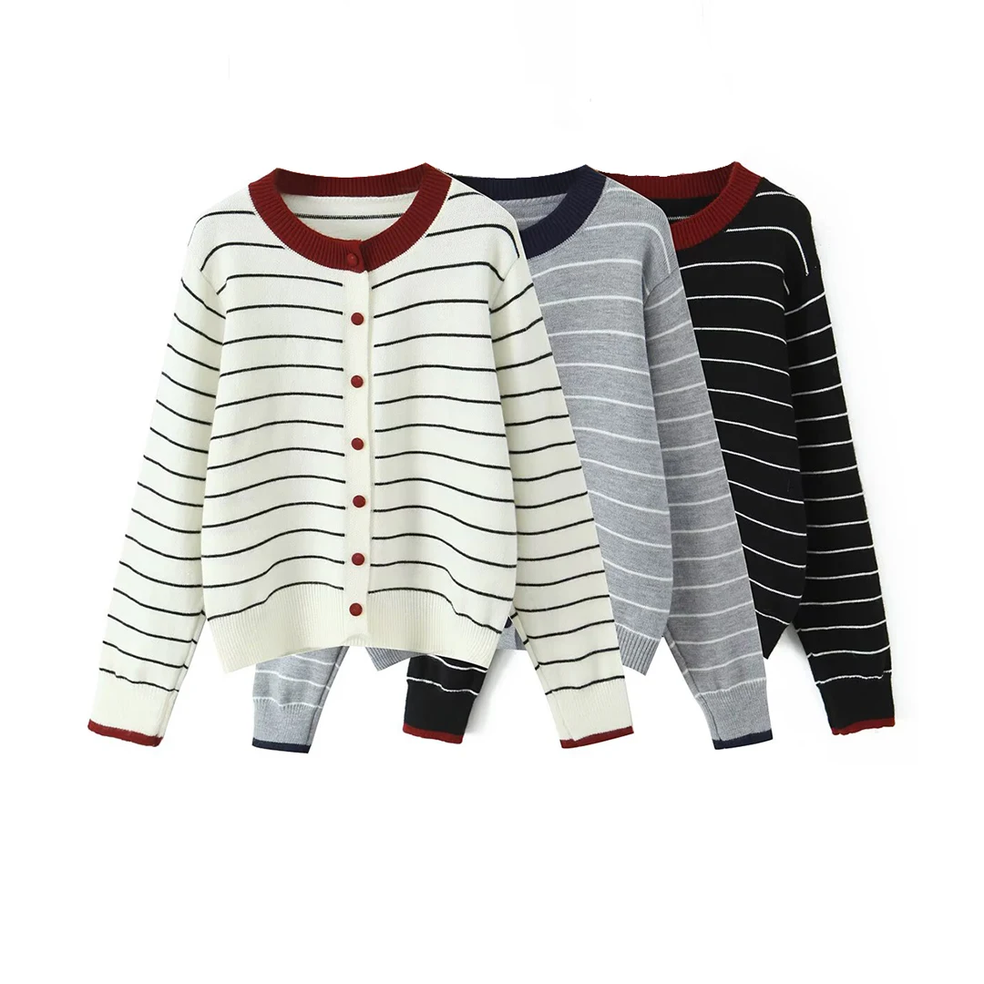 

Korejepo New Women Clothing European American Style Versatile Fashion Striped Round Neck Long Sleeved Sweater Cardigan Top