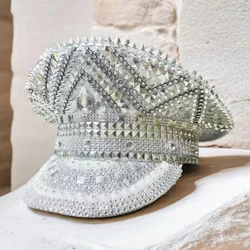 Beige Luxury Festival Captain Hat Unisex Adult Masquerade Military Cap Rhinestone Steampunk Sergeant Hat Music Festival Cosplay