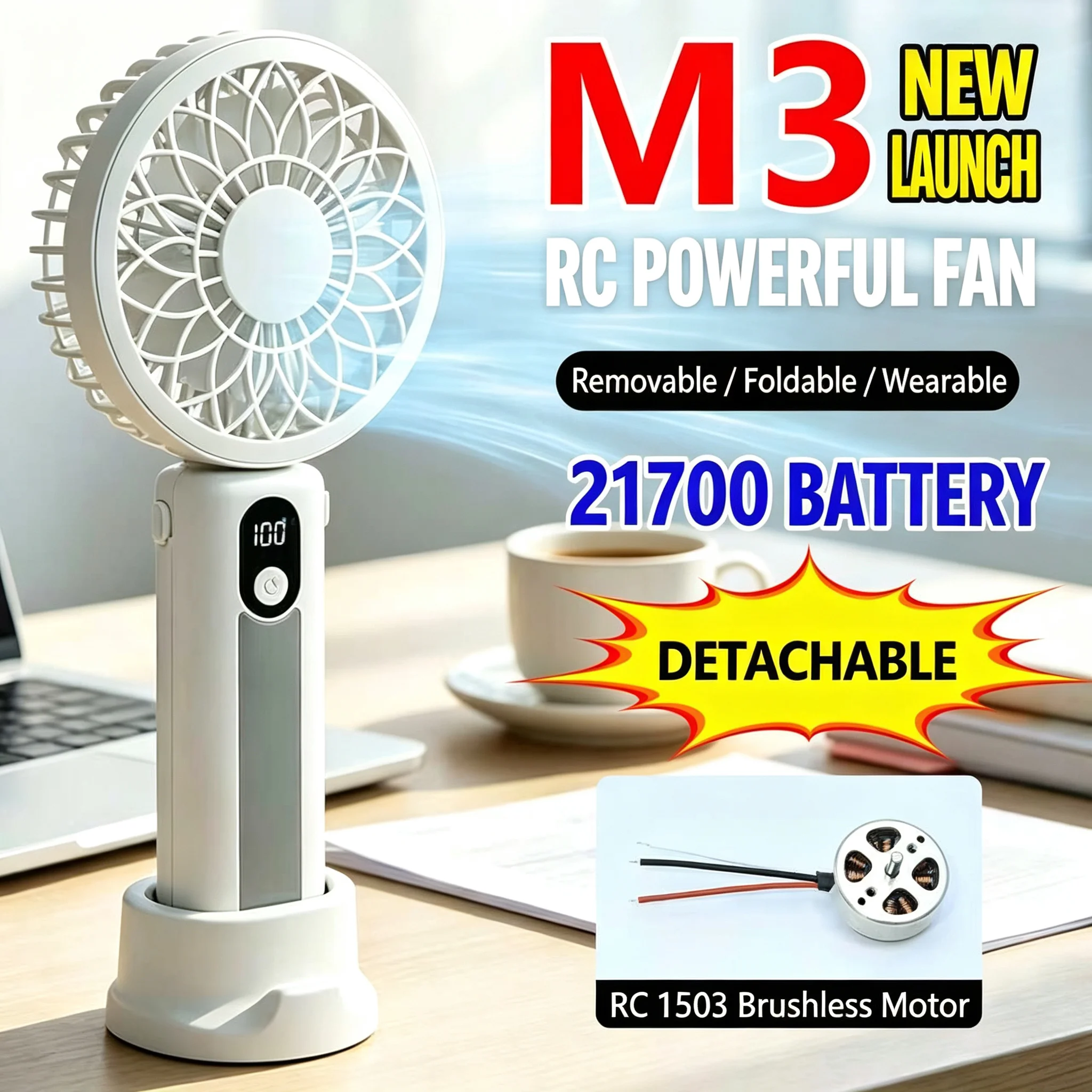 M3 High‑Speed Handheld Fan, 1503 3‑Phase Brushless Motor, 21700 Battery, Portable Neck‑hang Handheld Foldable Desktop Fan
