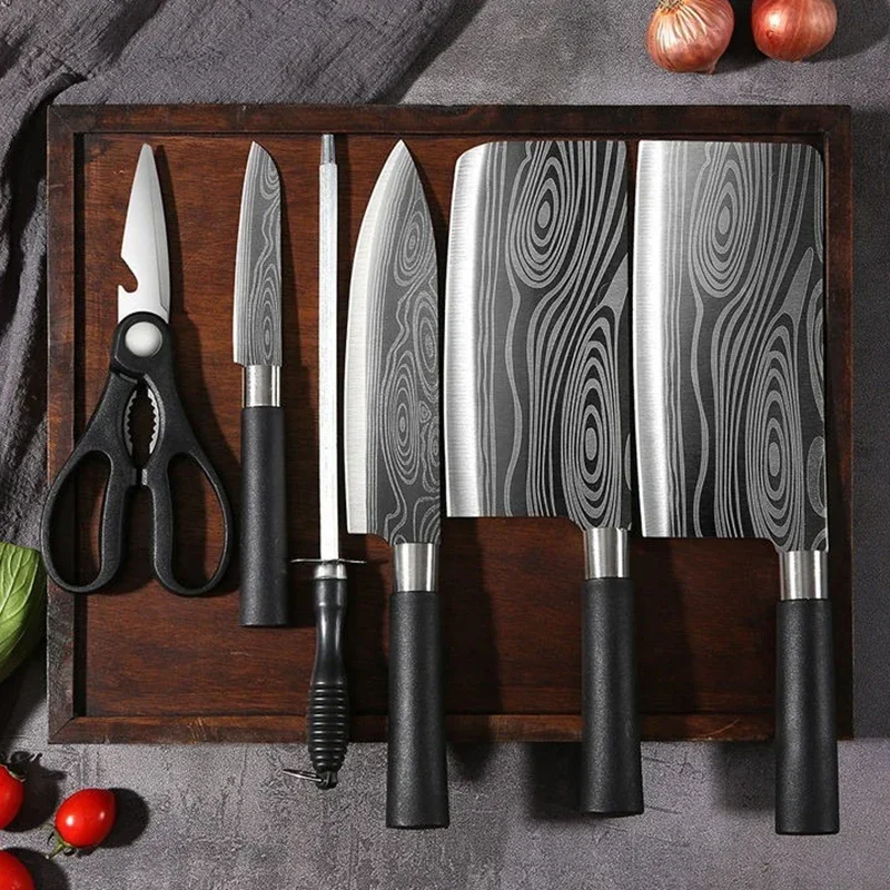 Laser Damascus Pattern Utility Kitchen Knives Scissors Sharpening Rod Set Stainless Steel Sharp Slicing Chef knife Cooking Tool image 2