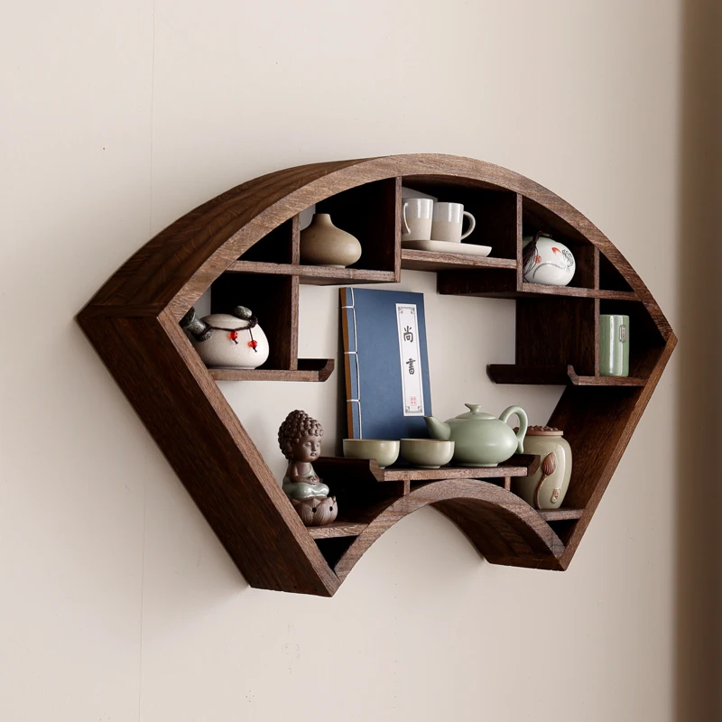 Chinese Wall-Mounted Fan-Shaped Solid Wood Display Rack Multi-Grid Shelf Antique Teapot Organizer Decorative Stand