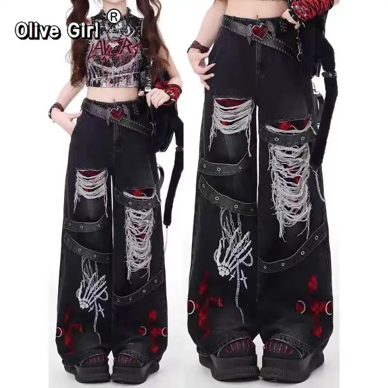 Olivegirl Ripped Denim Jeans Y2k Pants Punk Dance Men Women's Trousers 2026 Spring Autumn Retro Distressed Washed Wide Leg Pants