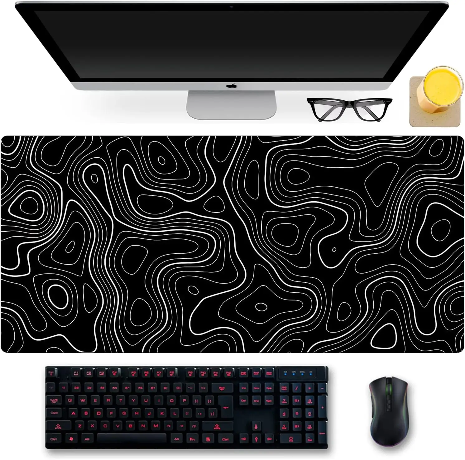 Black Mouse Pad Topographic Contour Gaming Mousepad Large Mouse Mats Desk Keyboard Desk Mat Computer Office Desk Pad Accessories