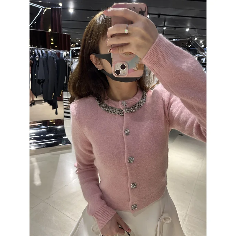 French Casual S Pink Women‘s Sweater Set Diamond Button Long-Sleeved Sweater Luxury High Quality Female Knit Thin Cardigan Coat