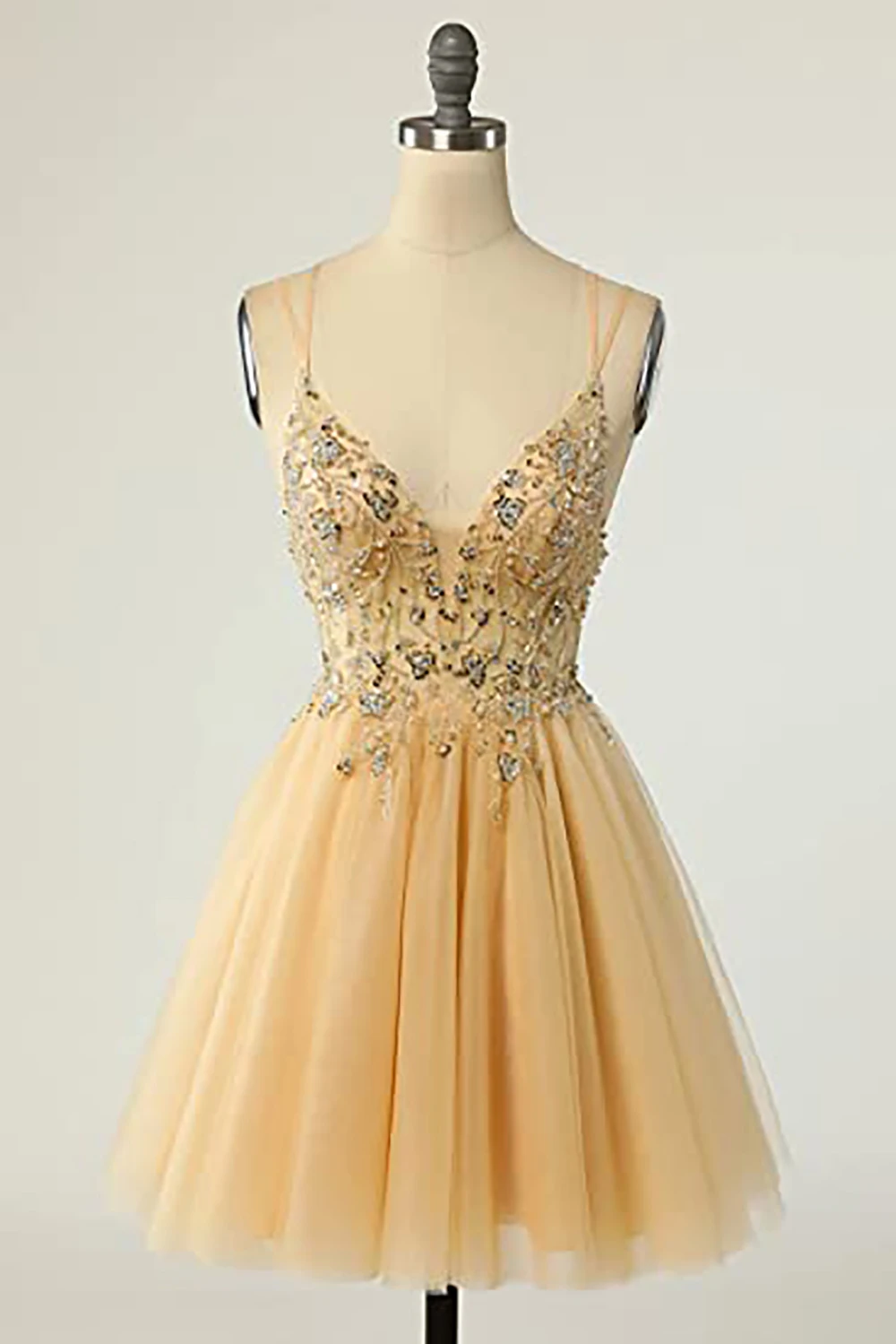

Spaghetti Straps Tulle Homecoming Dresses Lace Mini Dresses Formal Evening Party Gown with Beadings