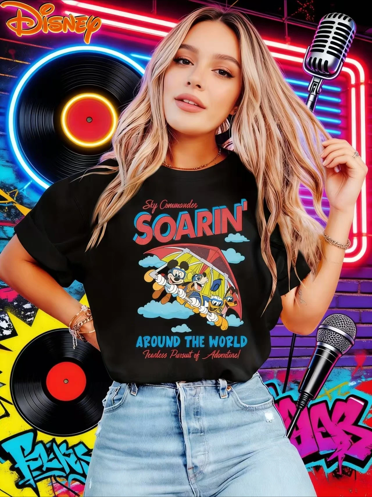 

Футболка Disney Mickey Goofy Donald Duck Sky Adventures, винтажная женская и мужская хлопковая футболка с коротким рукавом и круглым вырезом, повседневная модная футболка большого размера