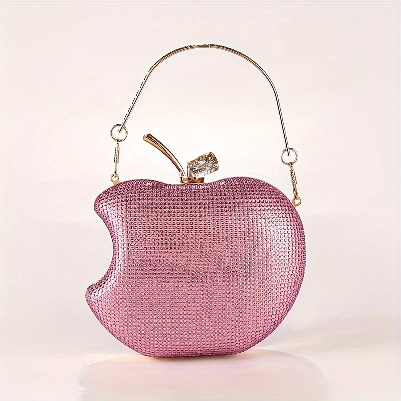 A Stylish Apple Shaped Dinner Clutch Bead And Rhinestone Decorations, Metal Chain, Monochrome Design, Kiss Button Closure,