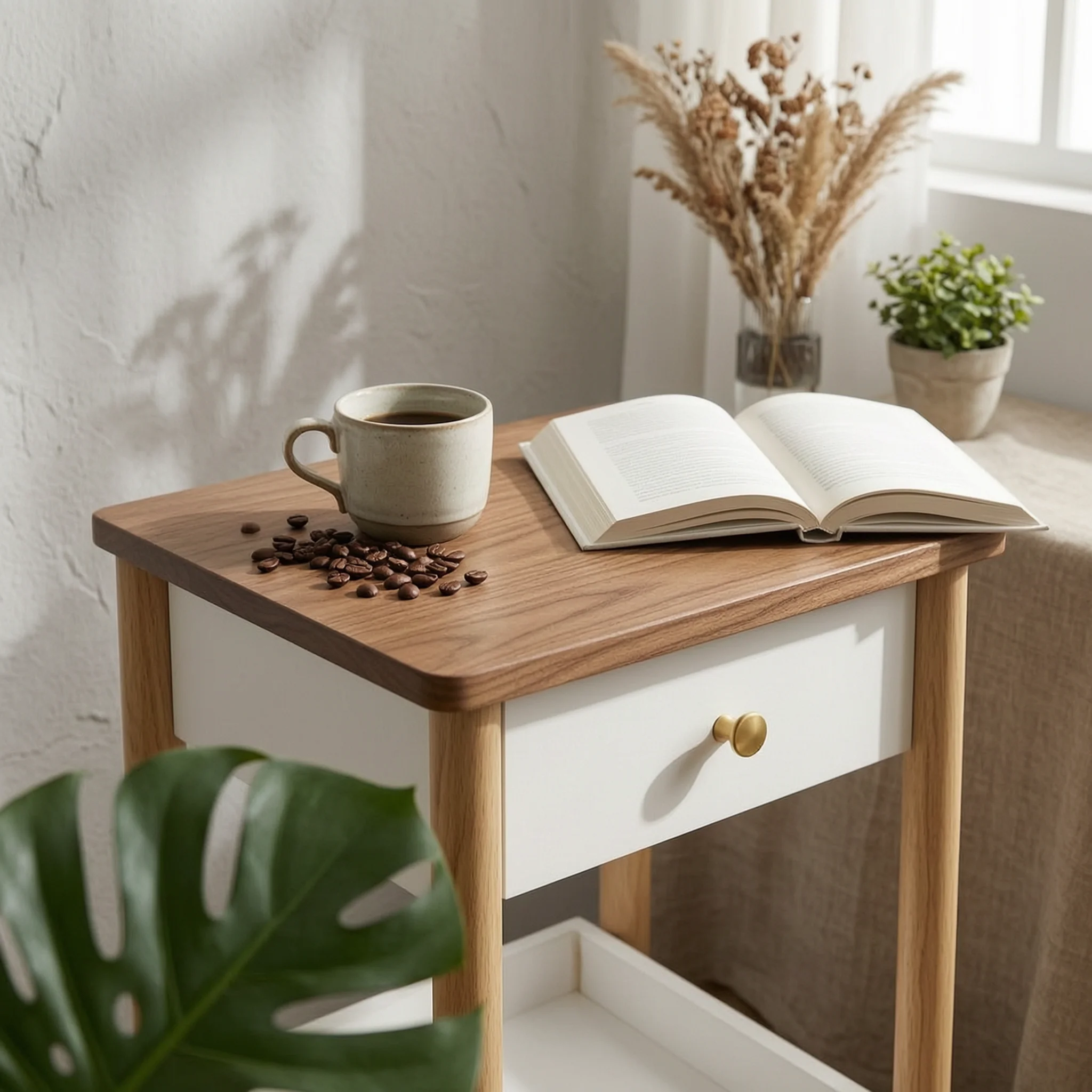 Nightstand with Drawers Space Saving Drawer Bedside Table Wood Nightstand Bottom Shelf House Furniture Easy to Clean