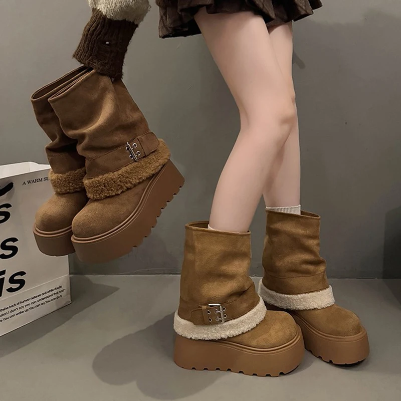 جديد إمرأة منتصف العجل الأحذية منصة أحذية قطنية الشقق الثلوج أحذية امرأة 2025 الشتاء أفخم أحذية دافئة عادية تشيلسي بوتاس Mujer #5