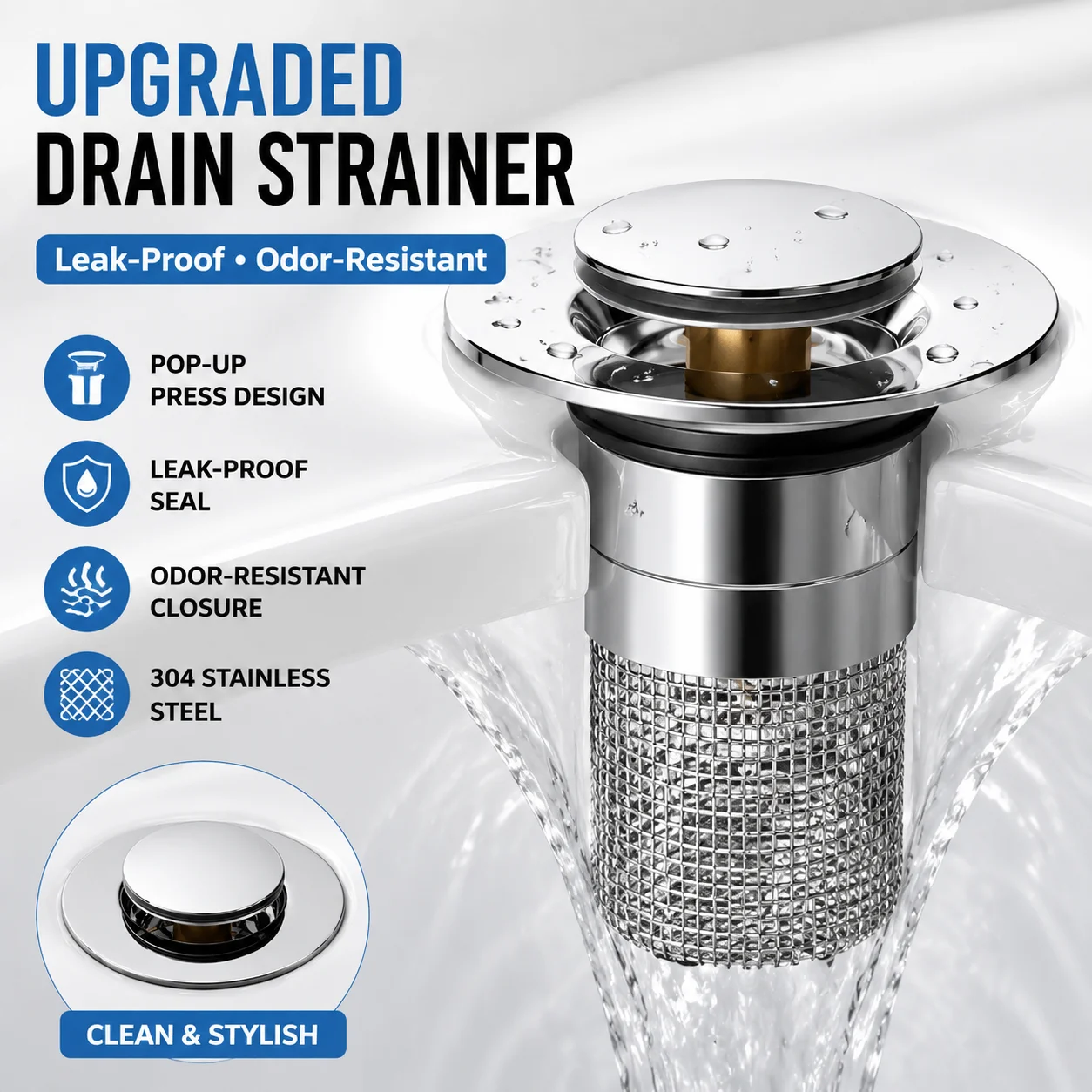 

Universal Stainless Steel Washbasin Drain Strainer Leak Proof Plug Odor Resistant Bullet Core Pressure Type for Bathroom Sink