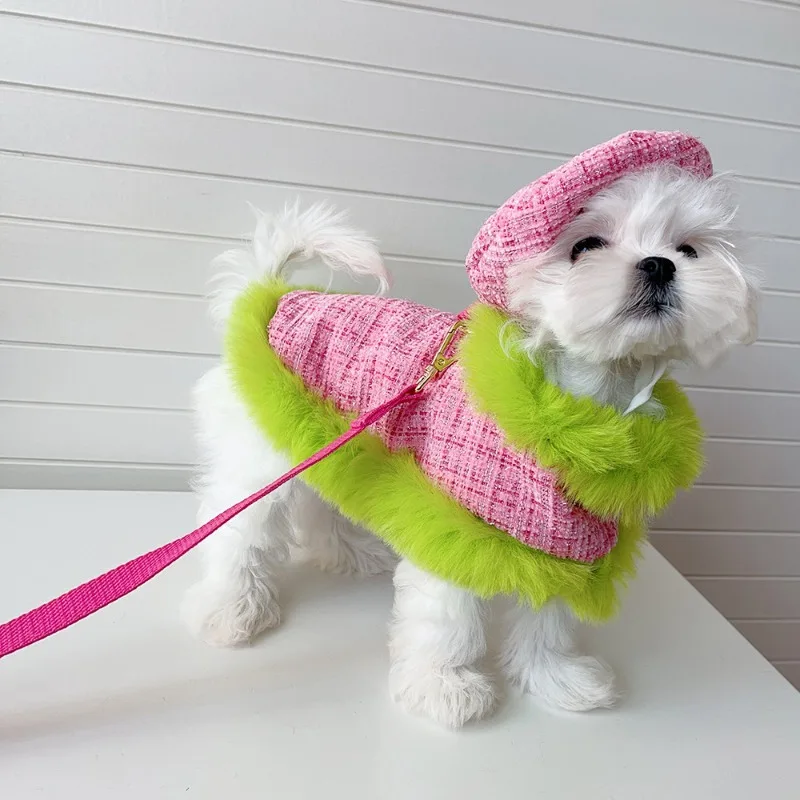 INS Pink Dog Cloak Pet Plush Coat Pet Supplies Cloak Dogs Chest Strap Cat Traction Rope Couple Cute Beret Dogs Vest Dog Costume