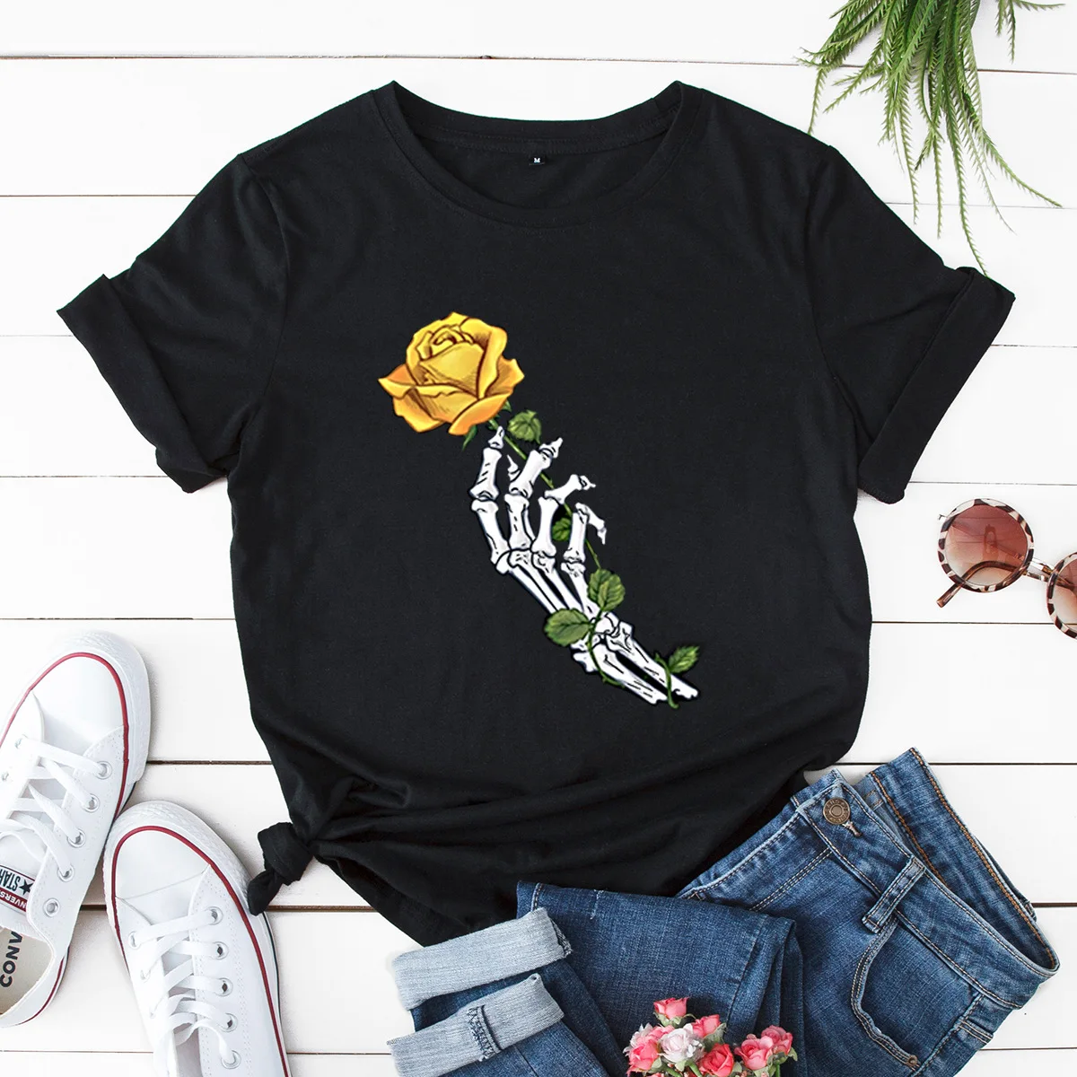 

Round neck rose print pure cotton short sleeved t-shirt for summer 2025 new women loose top versatile pullove