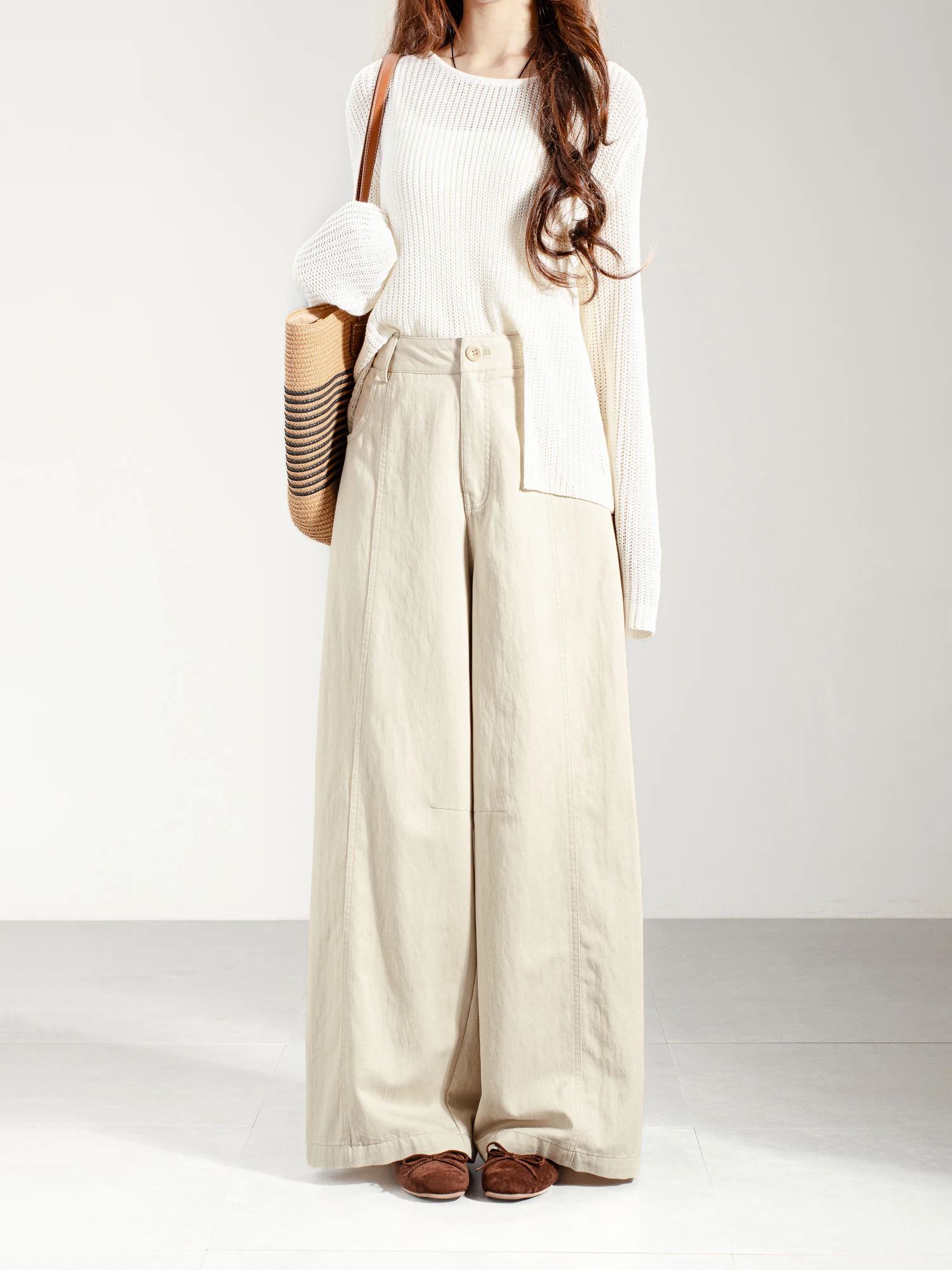 

Весенние корейские брюки-палаццо с высокой талией, стройнящим дизайном и вставками, повседневные женские брюки из хлопка и шелка