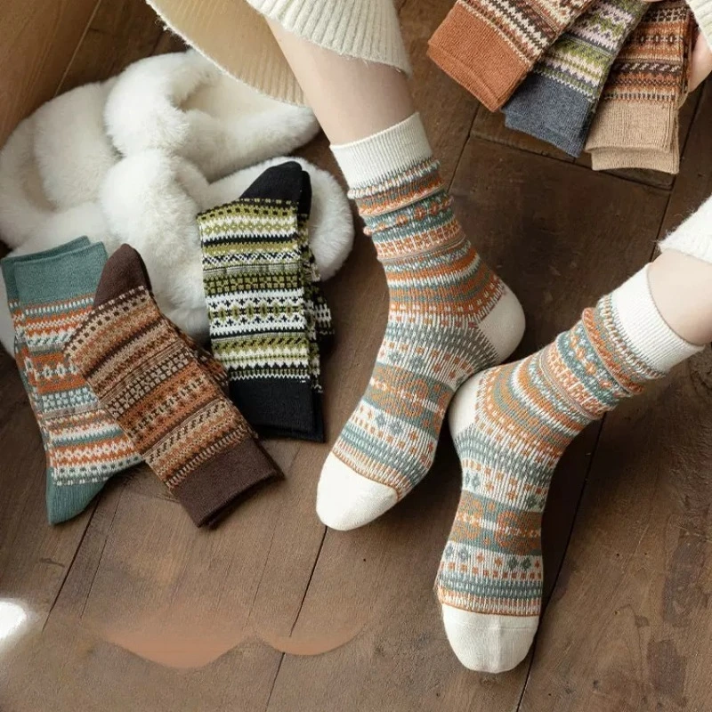 

7 пар женских носков средней длины из чистого хлопка в стиле ретро на осень-зиму, теплые впитывающие пот повседневные простые удобные носки