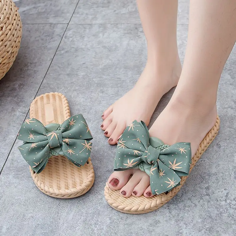 Women Slippers Summer New  Home Women Bow Linen Fashion Linen Flip Flop Bohemian Beach Home Thick Soled Wear Resistant Slippers