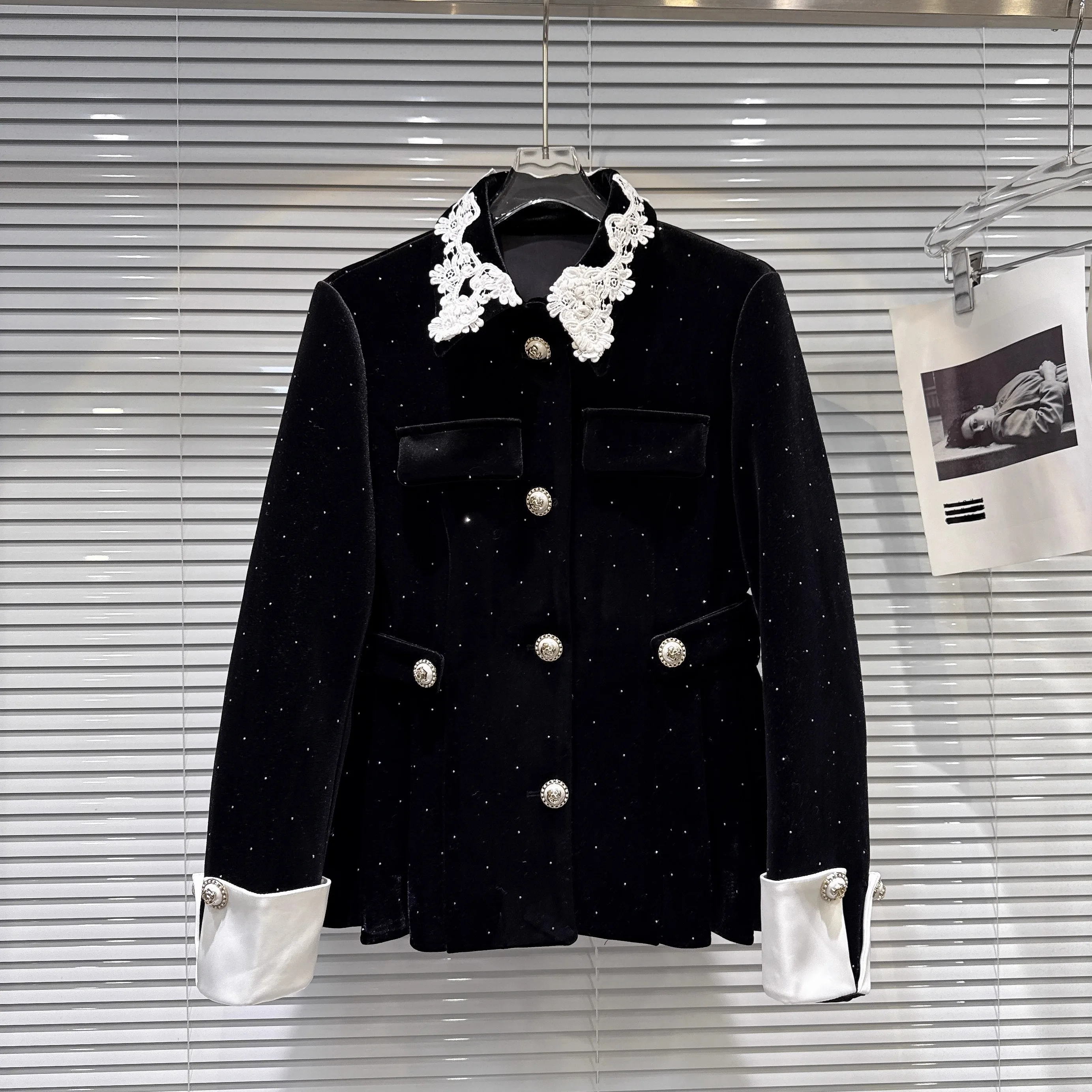 Français élégant Socialite diamant velours simple boutonnage vers le bas manteau taille haute moulante Mini jupe deux pièces ensemble pour les femmes hiver