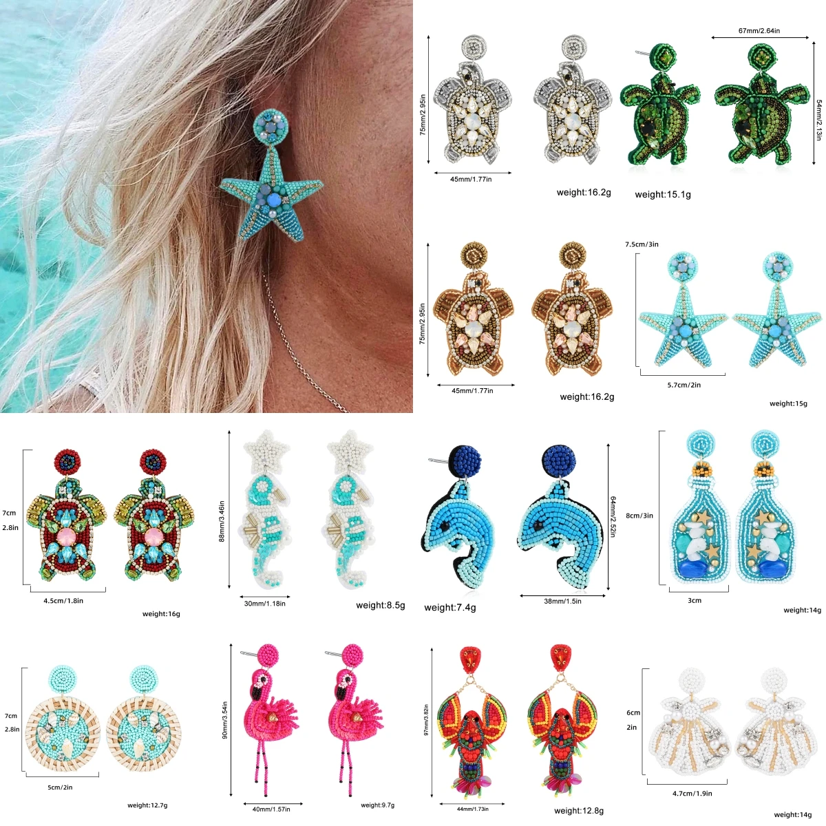 Bohemian Handmade Ocean Blue Turtle Shell Drop Dangle Earrings for Women Starfish Lobster Stone Summer Beach Piercing Earrings