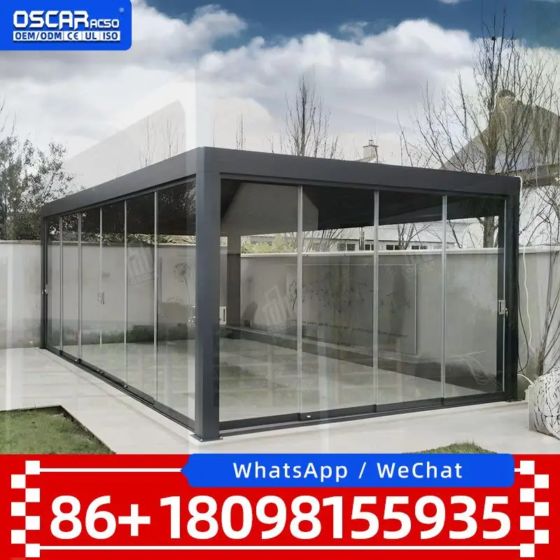 Custom 6x4 Manual Aluminium Pergola with Remote Control and Sliding Glass Doors Tropical Outdoor Bioclimatic Shade European Back