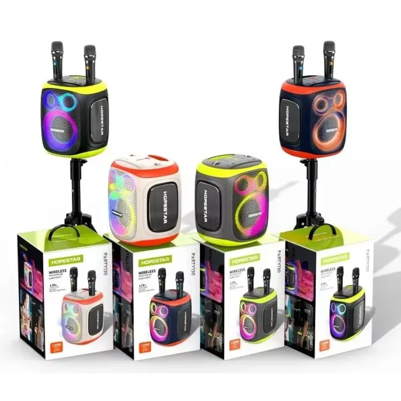 

Портативная колонка для караоке с усиленными басами, 2 беспроводными микрофонами, штативом, для вечеринок, KTV, семейных встреч, пластиковый корпус, большой аккумулятор
