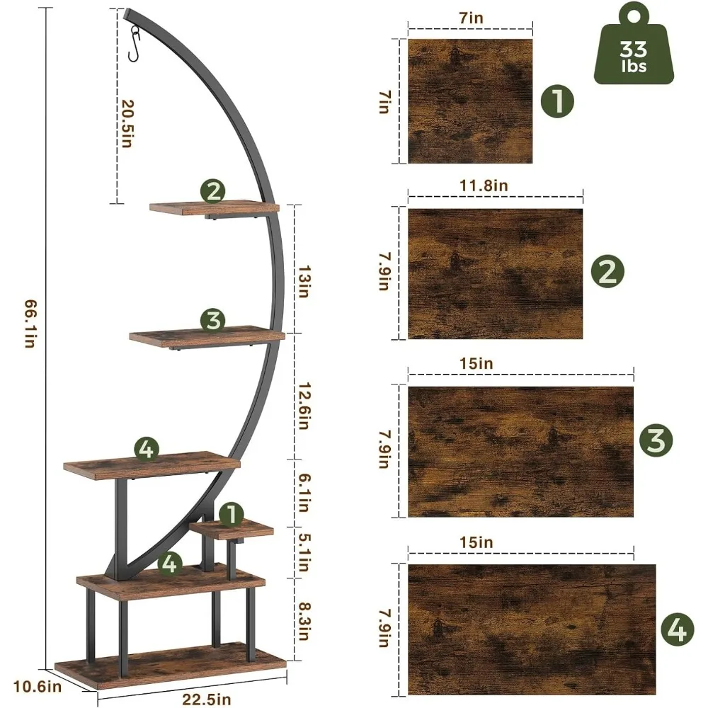 حامل نباتات معدني مكون من 7 طبقات مع ضوء للنمو، رف نصف قمر للنباتات الداخلية في غرفة المعيشة والشرفة والفناء - أسود (عبوة من قطعتين) #6