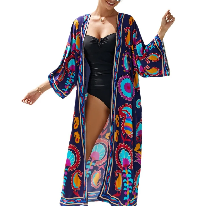 Kimono largo para mujer, teñido anudado elegante con traje de baño, trajes de playa con frente abierto, traje de baño, cubierta de bikini