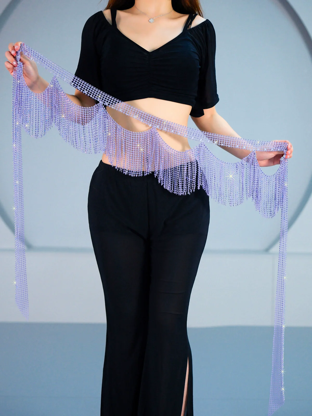 Nowy Błyszczący Szalik do Tańca Brzucha z Frędzlami z Cyrkonii, Luksusowy Łańcuszek na Pas z Falowymi Frędzlami, Damski Pas do Tańca, Szalik do Tańca Brzucha