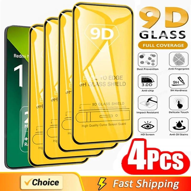 

4Pcs 9D Tempered Glass for Xiaomi 13T 12T 10T 9T 11T Poco X3 F3 M4 M3 M5 F5 Pro Screen Protector for Redmi Note 13 12 11 10 Pro