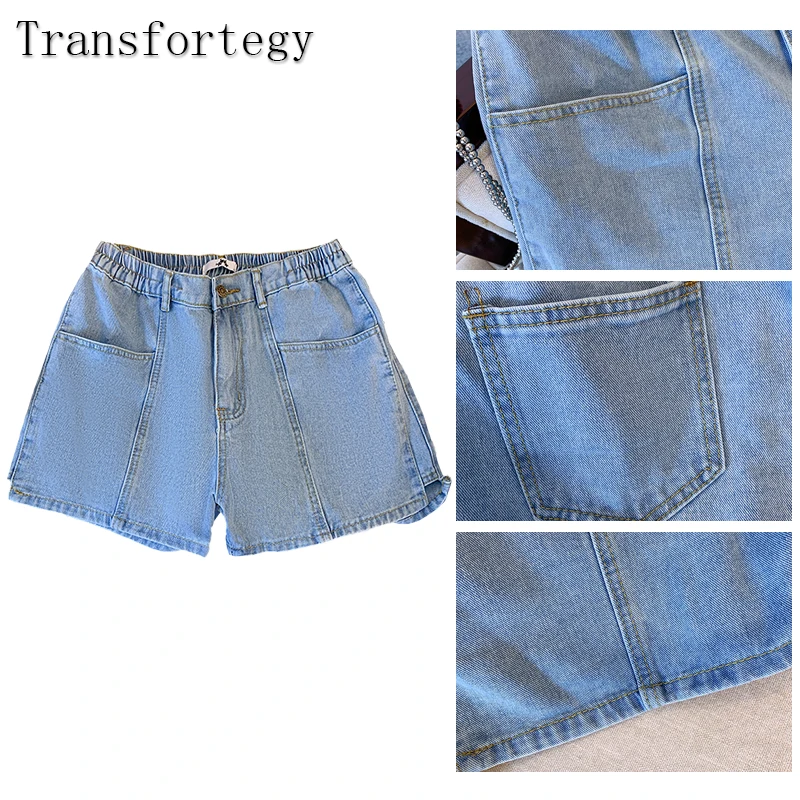 Plus-size women\'s summer casual denim shorts Classic all-in-one design Blue washed denim multi-pocket home commuter high-waisted