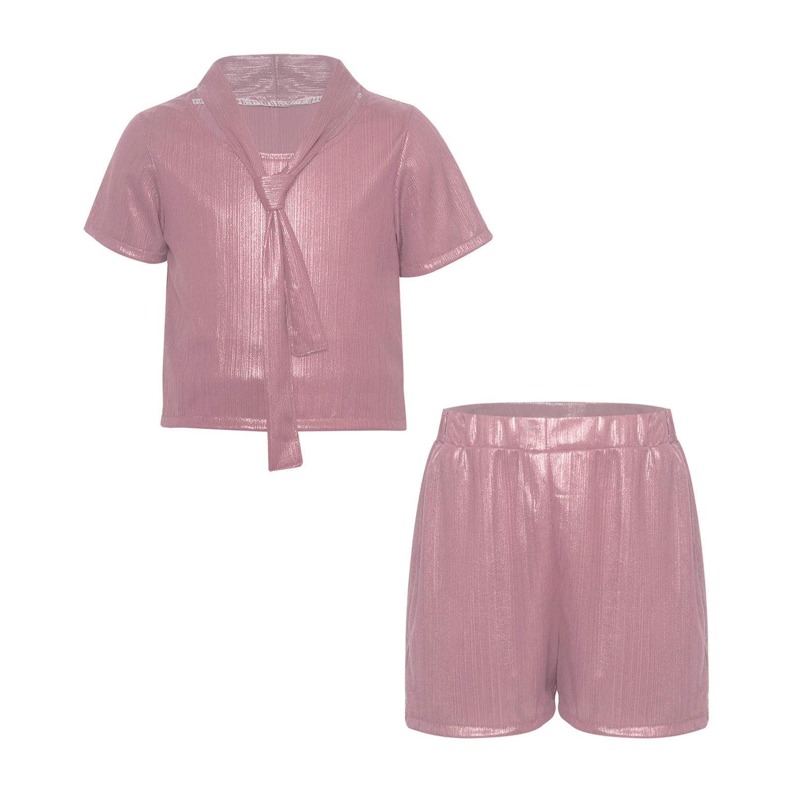 Children Short-sleeve Necktie T-shirt with Shorts Jazz Dance Performance Outfit Kids Boys Girls Metallic Disco Hip Hop Clothes
