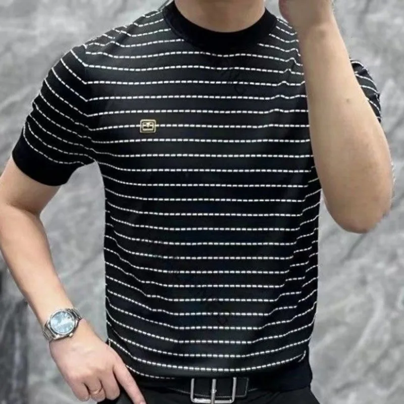 2023Summer Fashion Brand Slim Fit Thin Knitted Shirt Elastic Personalized Color Contrast Versatile Ice Silk Short Sleeve T-shirt