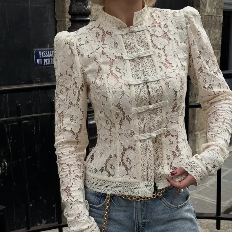 Luxury Lace Blouse Fashion Lace Print Single Breasted Slim Shirt Vintage Elegant Party Looks Summer Women Blouse Tops