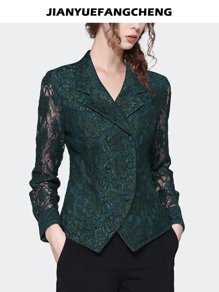 Long Sleeve Green Lace Top Women 2023 Autumn New Elegant Slim Suit Collar Hollow Out Floral Shirts Vintage Casual Blouses