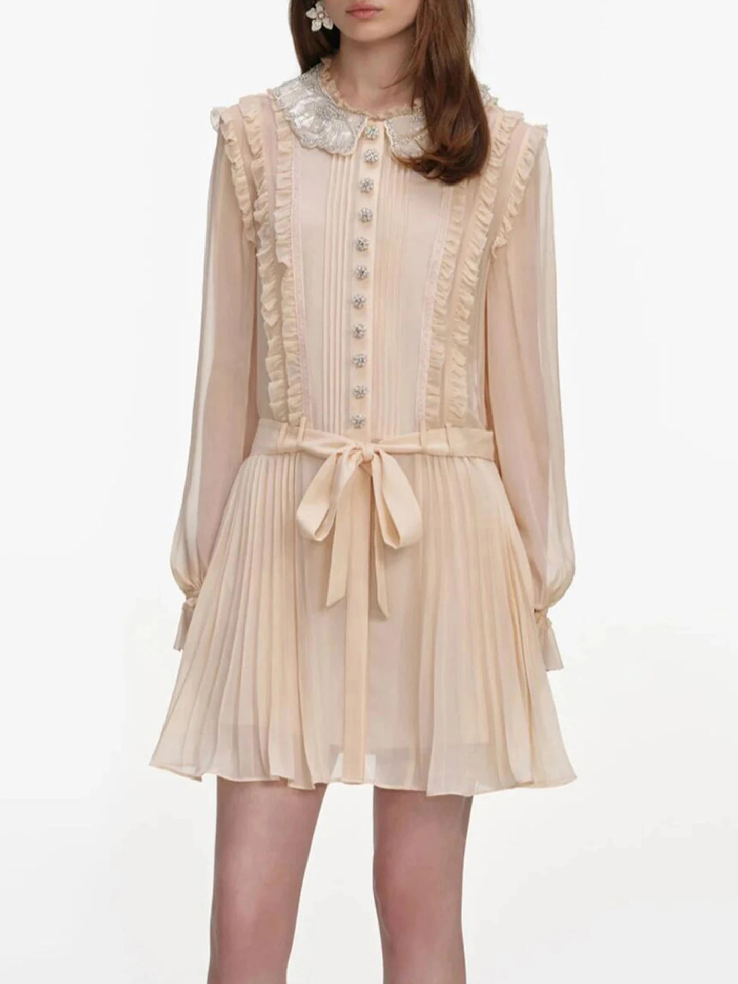 

Sweet Ruffle Hem Diamond Embellied Doll Collar Dr Ele A-Line Silhouette High Waist Long Sve Commute Appropriate