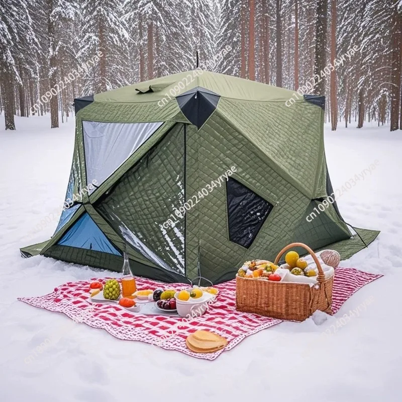 Source Winter Fishing Tent-Cotton-filled Thick and Warm Tent,no Setup Required, Quick To Deploy,hexagonal Large Ice Fishing Tent