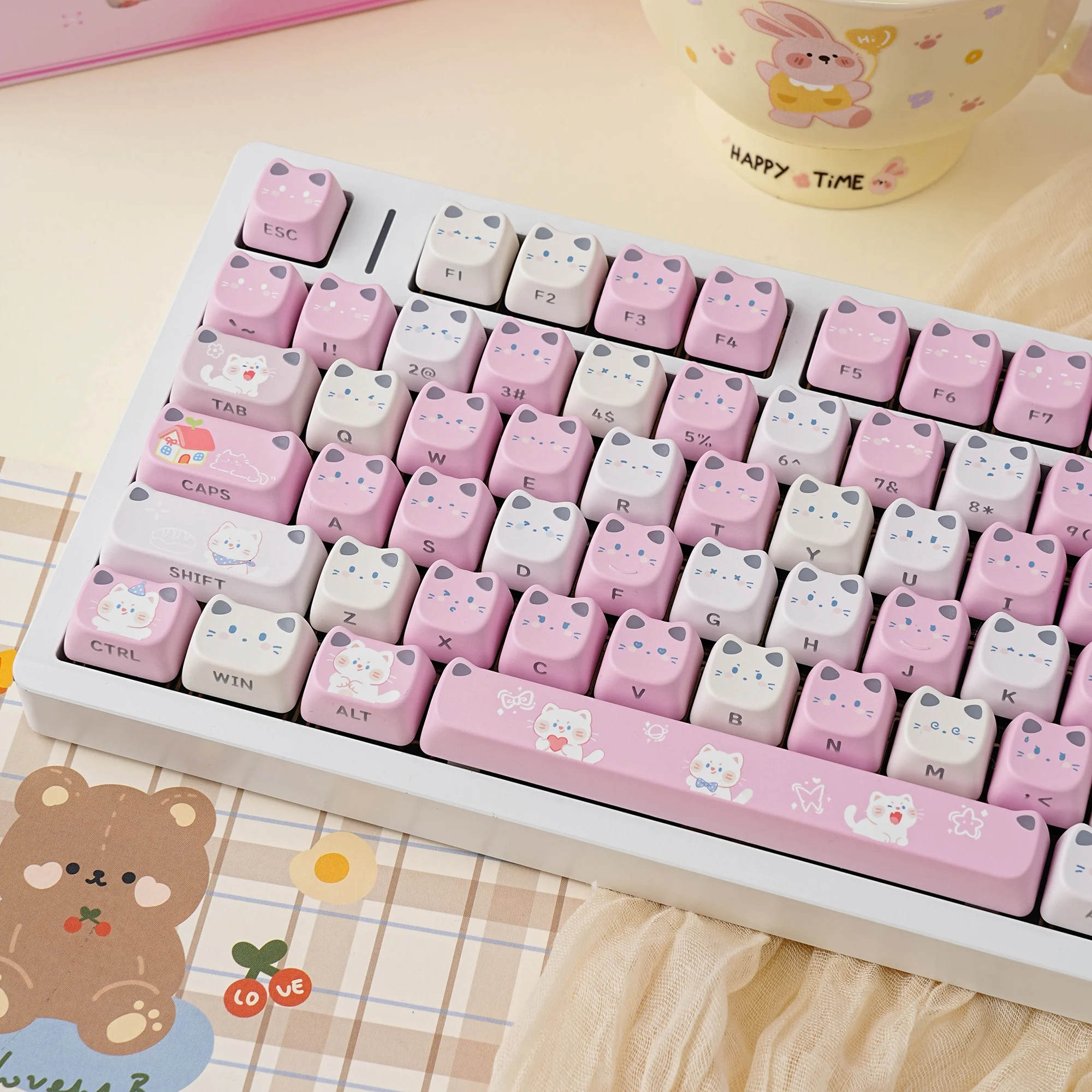 116 klawiszy Cat Keycaps JCM, 5 klawiszy z bocznym podświetleniem, materiał PBT, układ z południową orientacją, do klawiatury mechanicznej, czarno-fioletowe, wodny róż, kotek. — zdjęcie produktu 4