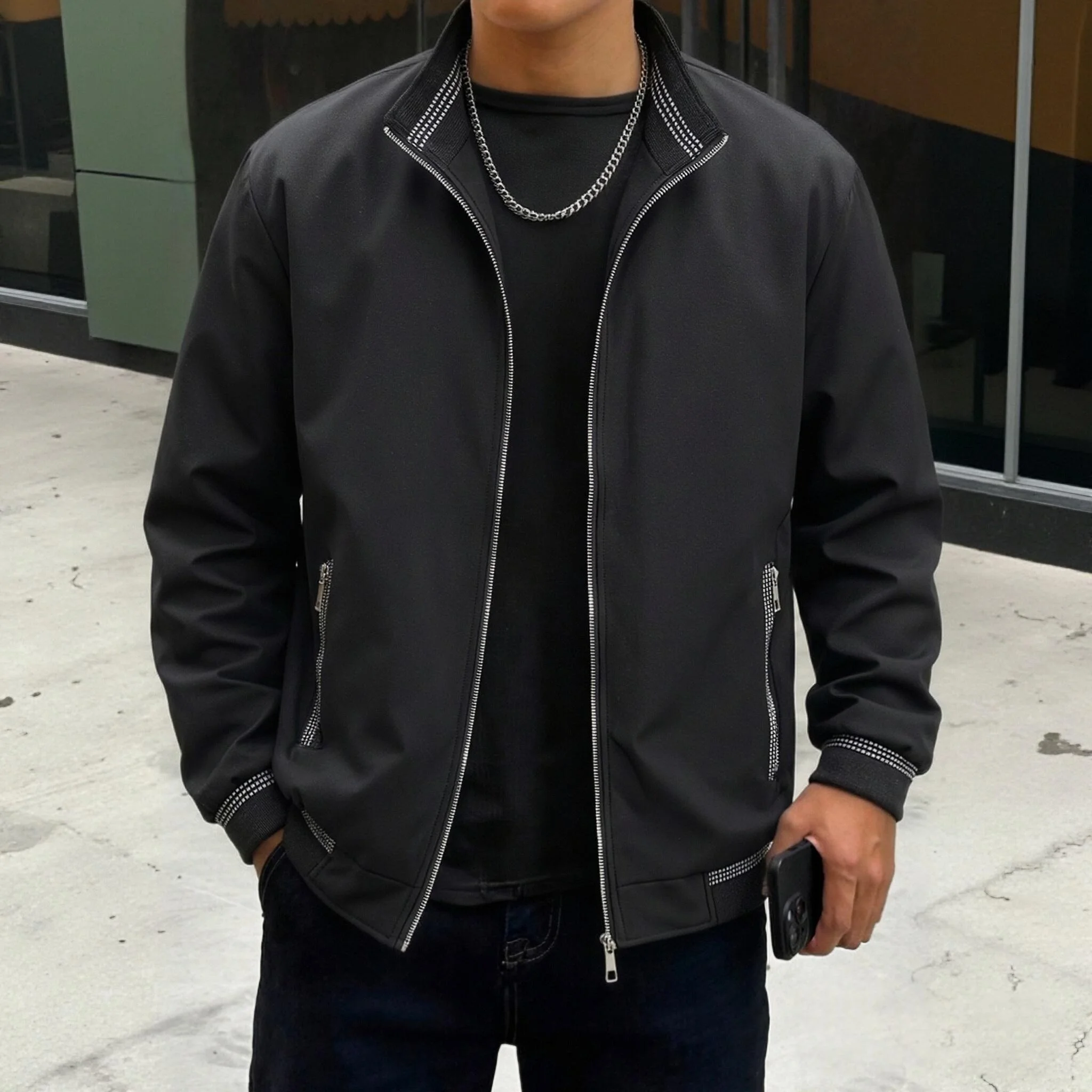Men‘s Stand Collar Casual Jacket Black Zip‑Up Coat Contrast Stitch Trim Zipper Pockets Lightweight Business Male Outerwear